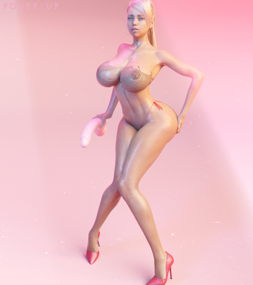 1girls 3d areolae bimbo blonde_hair blue_eyes breasts dildo female female_only high_heels huge_breasts naked_footwear naked_heels nipples nude p0wer-up3dx sex_toy solo