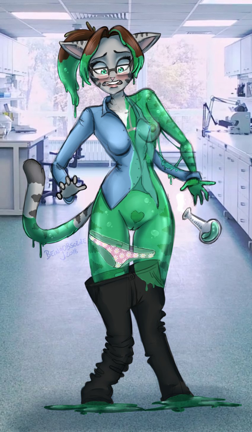 2018 absurd_res accident animal_ears anthro beingobscene blush bottomwear breasts brown_hair cat_ears cat_girl cat_tail chemical cleft_of_venus clothing domestic_cat experiment eyewear felid feline felis female flask fur glasses goo goo_creature goo_transformation green_body green_eyes green_goo green_skin green_slime grey_body grey_fur hair hi_res knees_together_feet_apart laboratory mammal nipples open_mouth pants photo_background pigeon_toed ponytail potion pubes pussy see-through slime slime_girl solo standing startled striped_tail surprise thigh_gap transformation underwear worried