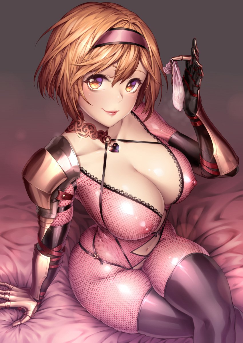 1girls absurdres armor bangs black_gloves black_legwear blonde_hair blush bodysuit breasts brown_eyes cleavage collarbone condom crossed_legs cum djeeta_(granblue_fantasy) elbow_gloves female female_only fishnet_bodysuit fishnets gauntlets gloves granblue_fantasy hair_between_eyes hairband highres holding_condom human large_breasts latex legwear looking_at_viewer navel navel_cutout nipple_bulge pink_bodysuit short_hair single_pauldron sitting skindentation smile solo thighhighs thunderthighs used_condom yin-ting_tian