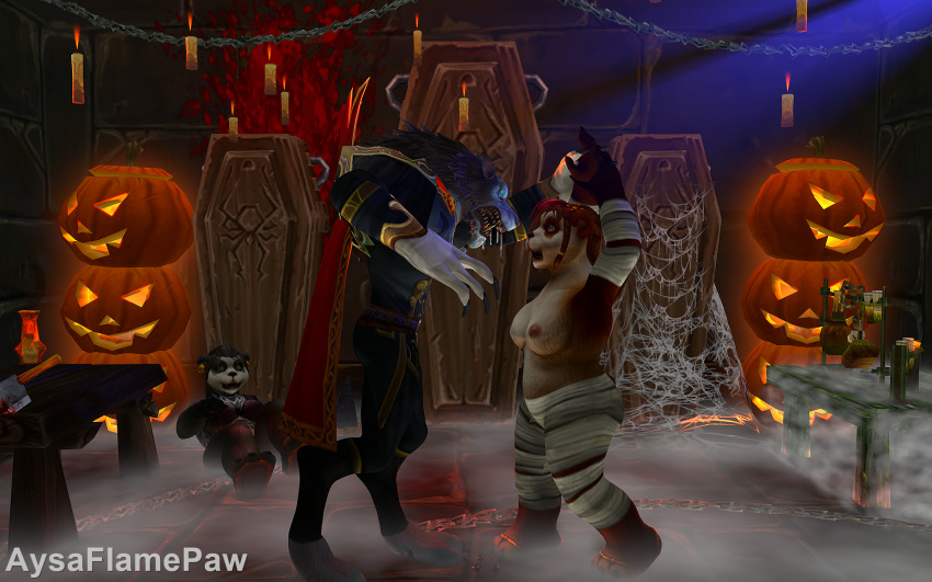 2019 3d anthro anthro_on_anthro aysaflamepaw big_breasts biped black_body black_fur black_hair blizzard_entertainment bodily_fluids breasts brown_hair canid canine cape clothed clothing detailed_background drooling female fingers fur hair hi_res looking_at_another male mammal mummy nipples open_mouth pandaren partially_clothed saliva size_difference source_filmmaker standing straight thick_thighs topless undead ursid video_games warcraft were werecanid werecanine worgen