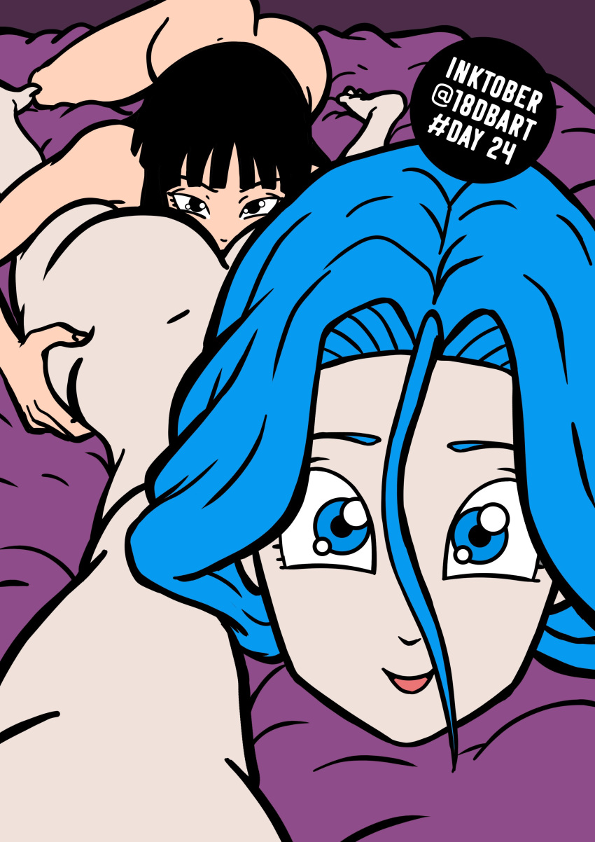 2girls ass ass_lick black_hair blue_hair bulma_briefs dbart+18 dragon_ball dragon_ball_super female female_only future_bulma long_hair looking_at_viewer mai_(dragon_ball) multiple_girls on_bed selfie yuri