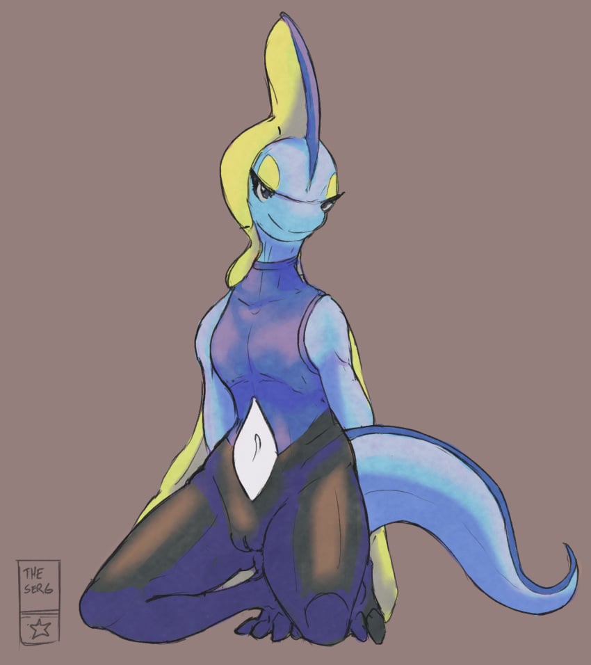 1girls 2019 alternate_eye_color anthro ass biped blue_body digital_media_(artwork) female flat_chested half-closed_eyes hi_res inteleon lizard long_tail looking_at_viewer nintendo nude pokemon pokemon_(species) pokemon_ss pussy reptile scalie simple_background sketch smile solo text theserg video_games watermark yellow_eyes