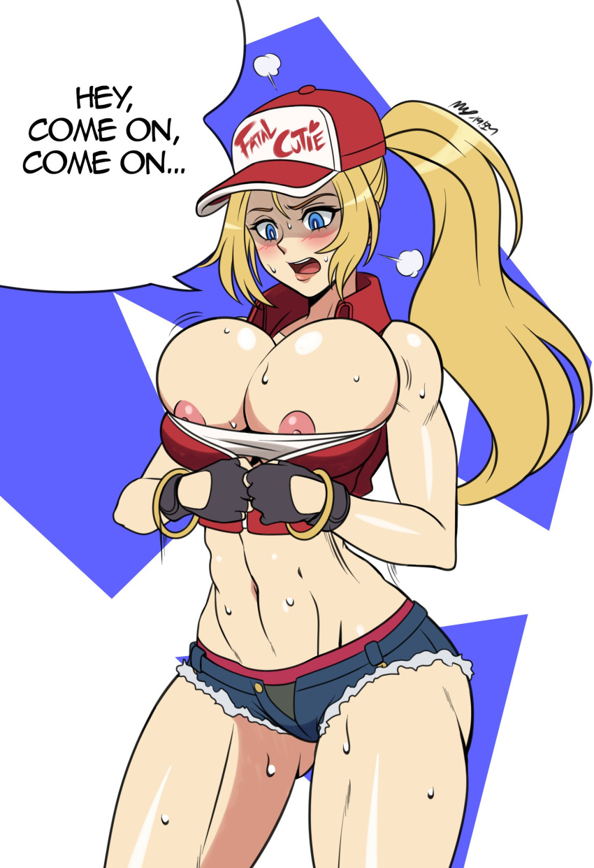 artist_name artist_signature big_breasts blonde_hair blue_eyes blush breasts canon_genderswap eyebrows_visible_through_hair eyelashes fatal_fury female_only fingerless_gloves fit_female hair hat highres king_of_fighters lips lipstick mergeritter navel nipples open_mouth ponytail rule_63 shorts snk snk_heroines:_tag_team_frenzy speech_bubble sweat terry_(snk_heroines:_tag_team_frenzy) terry_bogard text thick_thighs thighhighs thighs