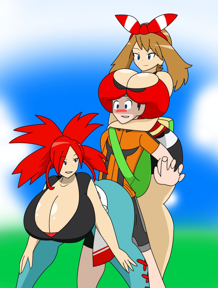 1boy 2girls ass blush breasts breasts_on_head brendan_(pokemon) brendan_(pokemon_oras) cleavage flannery_(pokemon) flannery_(pokemon_oras) game_freak gangbang grinding gym_leader huge_ass huge_breasts human igphhangout large_breasts may_(pokemon) may_(pokemon_oras) motion_lines nintendo pokemon pokemon_oras seductive threesome