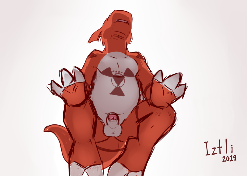 2019 3_fingers 3_toes anthro balls claws clothing digimon digimon_(species) fingers guilmon half-erect humanoid_penis iztli male male_only penis red_body red_skin scalie signature simple_background solo toes uncut underwear white_background