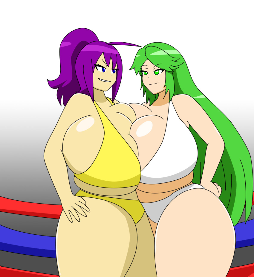 2girls akua_(igphhangout) ass big_ass big_breasts breasts busty curvy female_only green_eyes green_hair huge_ass huge_breasts igphhangout large_ass large_breasts milf multiple_girls naughty_face original_character palutena purple_hair smile thick_thighs voluptuous wide_hips