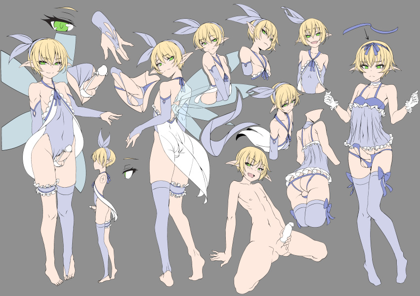 1boy androgynous babydoll blonde_hair condom_on_penis crossdressing erection fairy fairy_wings femboy garter girly green_eyes husun_wei male male_only solo tagme trap wings