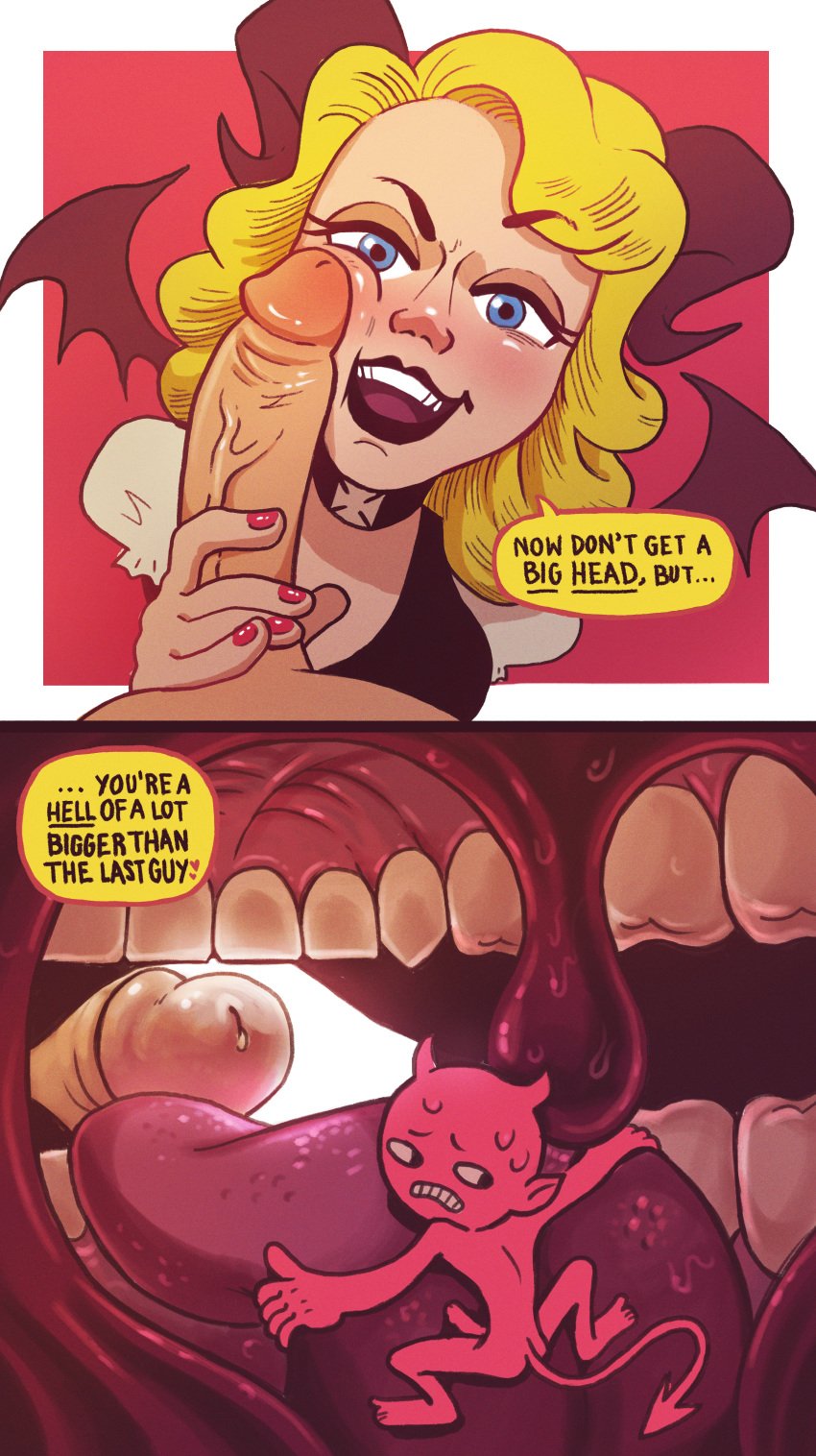 2018 black_lips blonde_hair blowjob blue_eyes collar color colored_nails comic commission cuckold cutaway demon demon_girl demon_horns demon_tail demon_wings demoness fellatio femdom giantess highres huge_cock imminent_fellatio imminent_oral imminent_vore internal internal_view larger_female looking_at_viewer looking_back mouth_shot nail_polish nervous open_mouth penis_on_face pov pov_eye_contact red_skin reverse_mouth_shot simple_background size_difference size_play small_penis small_penis_humiliation smaller_male speech_bubble spitty succubus tagme teeth tongue uvula vore wavy_hair