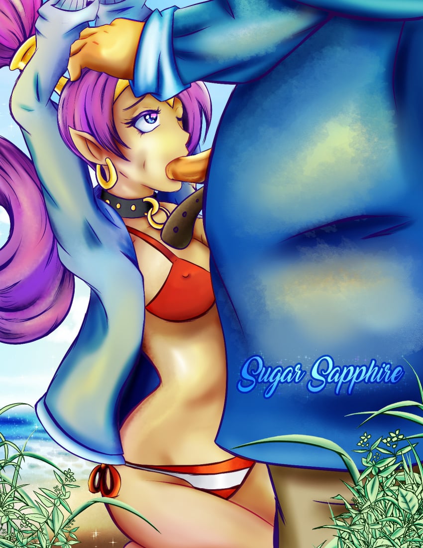 ammo_baron arms_above_head beach belt bikini collar dark-skinned_female fellatio female genie hand_on_head jacket kneeling one_eye_closed ponytail shantae shantae:_half-genie_hero shantae_(character) smooth_skin straight sugarsapphire swimsuit unseen_male_face