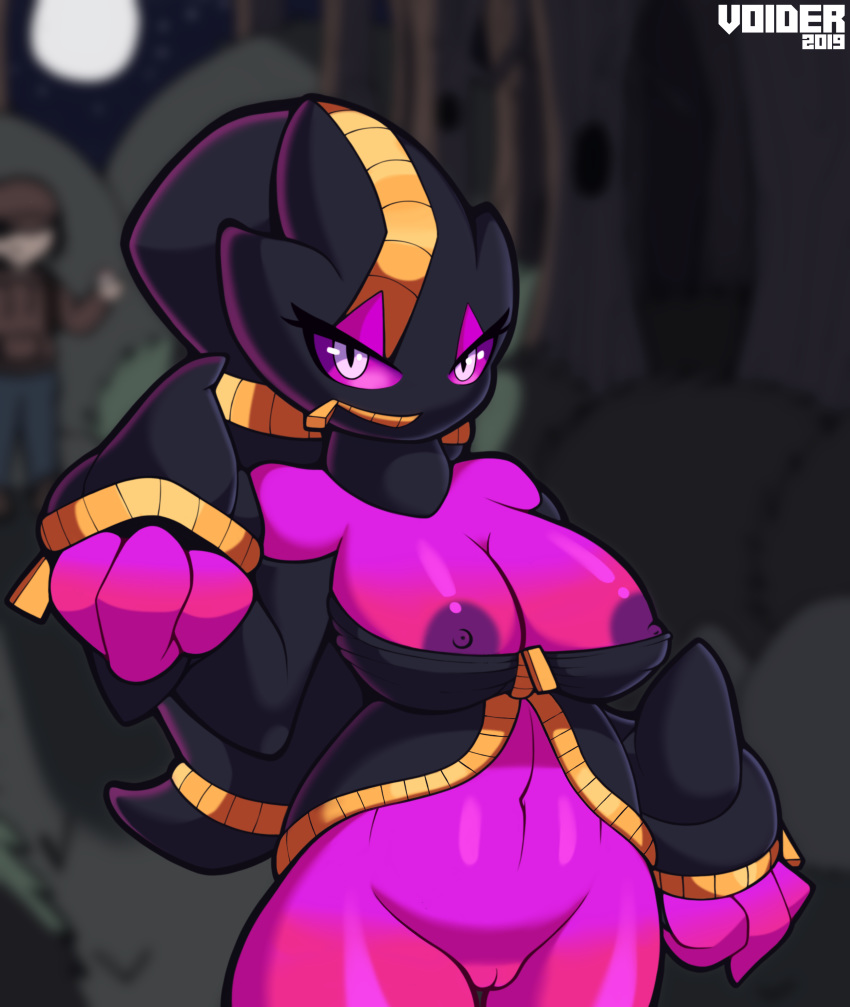 1girls 2019 abs absurd_res anthro anthrofied areola banette blurred_background breasts digital_media_(artwork) duo eye_contact eyelashes female female_focus ghost half-closed_eyes hi_res humanoid looking_at_viewer mega_banette mega_evolution nintendo nipples original_character pink_body pink_sclera pink_skin pokémon_(species) pokemon pokemon_rse pokemon_xy pokemorph purple_nipples pussy solo_focus thick_thighs video_games voider_(artist) wide_hips zipper zipper_pull_tab