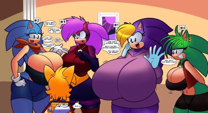 4girls anthro ass bernadette_hedgehog big_ass big_breasts blue_fur breasts cleavage denizen1414 english_text eulipotyphlan eulipotyphlan_humanoid female female_only furry furry_female genderswap green_fur hedgehog hedgehog_humanoid huge_breasts hyper_bimbo hyper_breasts mammal mammal_humanoid manic_the_hedgehog milf pink_hair purple_body purple_fur rule_63 sega sonia_the_hedgehog sonic_(series) sonic_the_hedgehog sonic_the_hedgehog_(archie) sonic_the_hedgehog_(comics) sonic_the_hedgehog_(series) sonic_underground superbunnygt tails teasing text yellow_hair