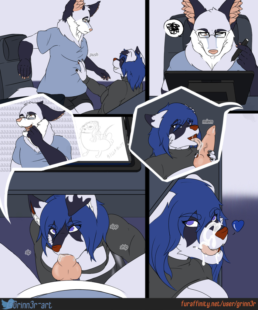 2019 anthro big_breasts blue_hair bodily_fluids breasts canid canine canis cleavage cleavage_cutout clothed clothing comic cum cum_on_face desk domestic_dog ethan_(grinn3r) eyewear fellatio female fox furniture genital_fluids glasses grinn3r hair heart hi_res keyhole_turtleneck knot male mammal no_nut_november open_mouth oral penile penis sex shukin_hekon simple_background sound_effects straight sweater topwear