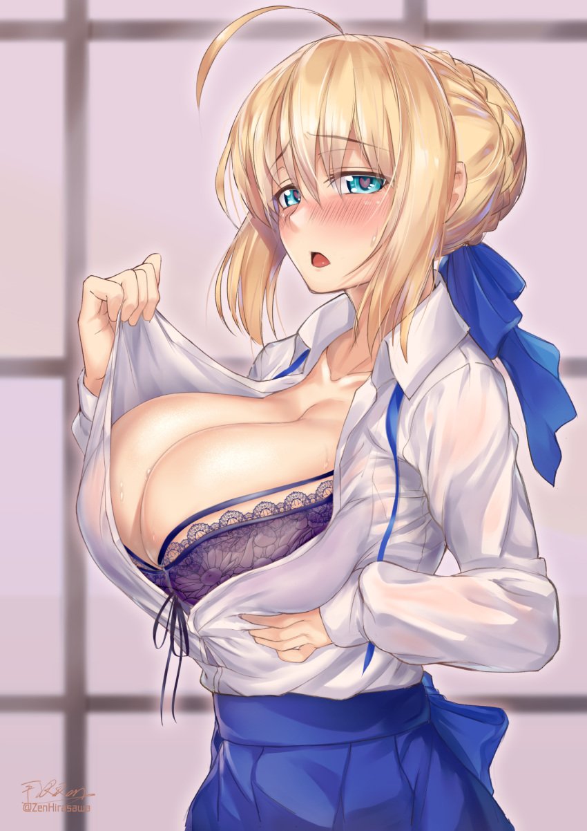 1girls artoria_pendragon blonde_hair blue_eyes blush bra breasts bursting_breasts cleavage fate/grand_order fate/stay_night fate/zero fate_(series) heart-shaped_pupils highres hirasawa_seiji holding_breasts huge_breasts lingerie looking_at_viewer open_shirt ribbon saber school_uniform schoolgirl shirt skirt solo sweat sweaty_breasts tagme