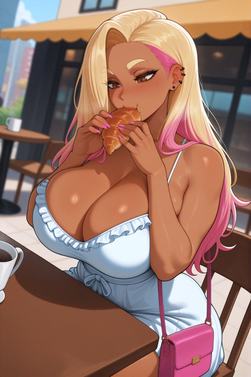 1girls ai_generated big_breasts blonde_hair blush boobs breasts brown_eyes cleavage dark-skinned_female dark_skin dress ear_piercing eating eating_food female female_only food handbag hi_res highlights_(coloring) highres huge_breasts large_breasts long_hair multicolored_hair nail_polish original original_character piercing pink_hair pink_nails rio_(stuffyai) sitting solo solo_female stuffyai