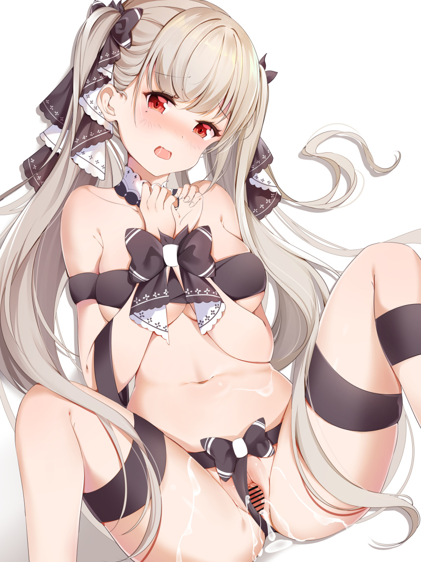 1girls absurdres azur_lane bangs bare_shoulders black_ribbon blush bound breasts brown_hair censored cum cum_in_pussy cum_on_body cum_on_lower_body cum_on_stomach cum_on_upper_body detached_collar eyebrows_visible_through_hair female formidable_(azur_lane) hair_ribbon highres large_breasts light-skinned_female light_skin long_hair looking_at_viewer miaogujun naked_ribbon navel open_mouth pussy red_eyes ribbon ribbon_bondage royal_navy_(azur_lane) saliva simple_background sitting solo tied_up twintails two-tone_ribbon very_long_hair white_background white_ribbon