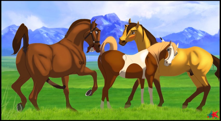 animal_genitalia animal_penis detailed_background dreamworks equid equine equine_penis female feral group hi_res horse horsecock klaus_doberman looking_back male mammal penis pussy rain_(cimarron) smile spirit:_stallion_of_the_cimarron spirit_(character)