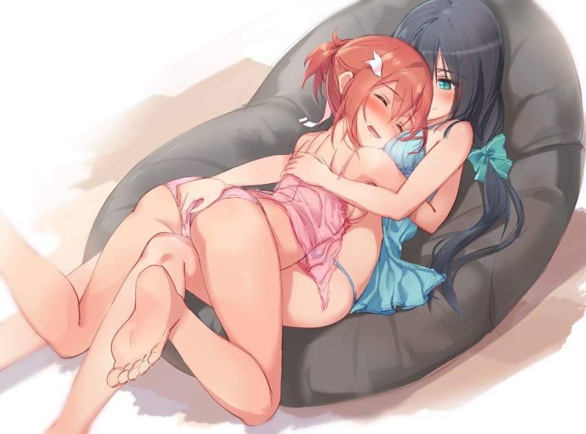 2girls aqua_bow ass barefoot black_hair blue_babydoll blue_panties blush bow breasts cameltoe closed_eyes feet fingering fingering_through_clothes fingering_through_panties hair_ribbon hairbow head_on_chest highres hug looking_at_another michairu multiple_girls negligee open_mouth panties pink_babydoll pink_panties print_bow print_ribbon red_hair ribbon skindentation smile soles through_clothes tougou_mimori underwear underwear_only white_ribbon yuri yuuki_yuuna yuuki_yuuna_wa_yuusha_de_aru yuusha_de_aru