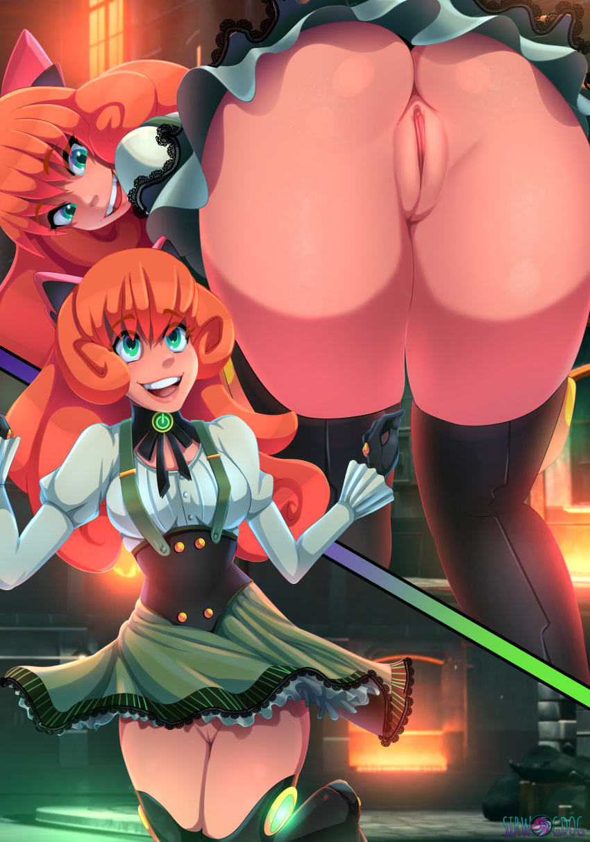 1girls absurd_res artist_name clothing female female_only green_eyes gynoid hair highres long_hair no_panties orange_hair penny_polendina presenting presenting_hindquarters presenting_pussy pussy robot_girl rwby sirwogdog thighhighs watermark