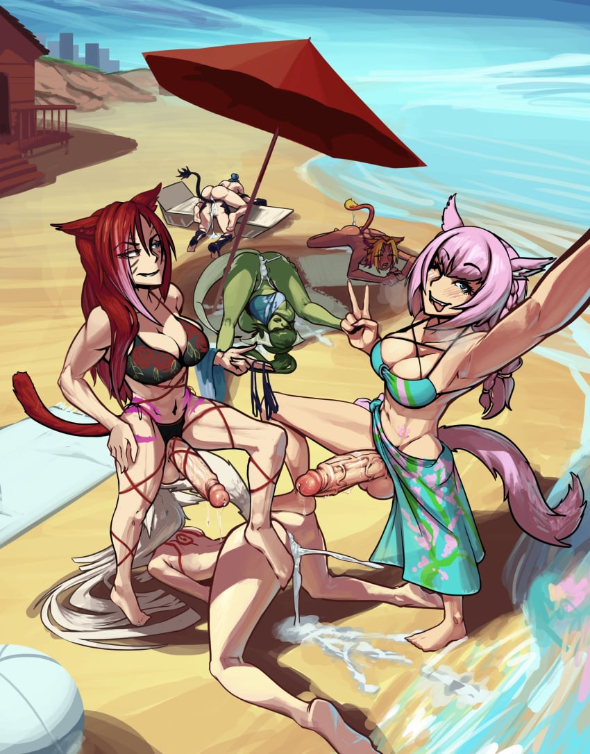 2futas 5girls after_sex au_ra beach bikini bikini_top blush boxman cat_ears cum cum_drip cum_in_pussy cum_inside dickgirl domination face_down_ass_up final_fantasy final_fantasy_xiv futa_on_female futadom futanari intersex miqo'te multiple_girls nude orgy rape red_hair sabrith_ebonclaw smug tail tayelle_ebonclaw