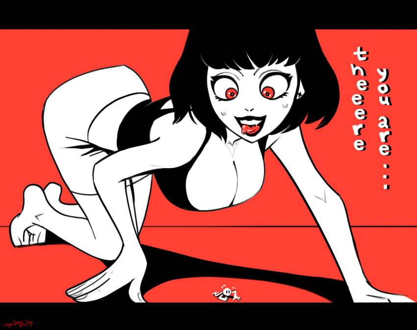 2019 bangs bare_shoulders barefoot bursting_breasts cleavage clothed crawling crazy_eyes drooling earrings femdom giantess hanging_breasts helpless hiding highres horror hungry large_breasts larger_female limited_palette macro micro midriff nightmare_fuel on_ground pencil_skirt peril red_background red_eyes short_hair size_difference size_play skinny spitty sweat tagme text