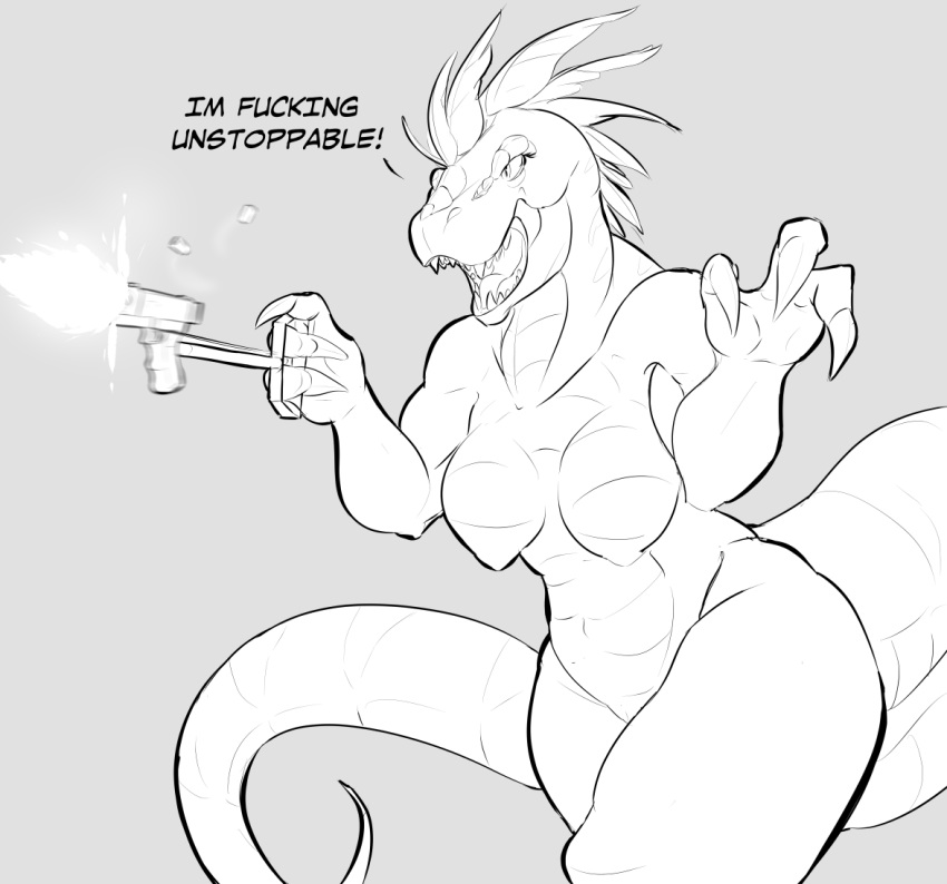 2019 3_fingers anthro breasts dialogue dinosaur female fingers grey_background gun koopacap monochrome muscular muscular_female navel nude open_mouth pussy ranged_weapon reptile scalie sharp_teeth shooting simple_background solo teeth theropod thick_thighs tyrannosaurid tyrannosaurus tyrannosaurus_rex weapon