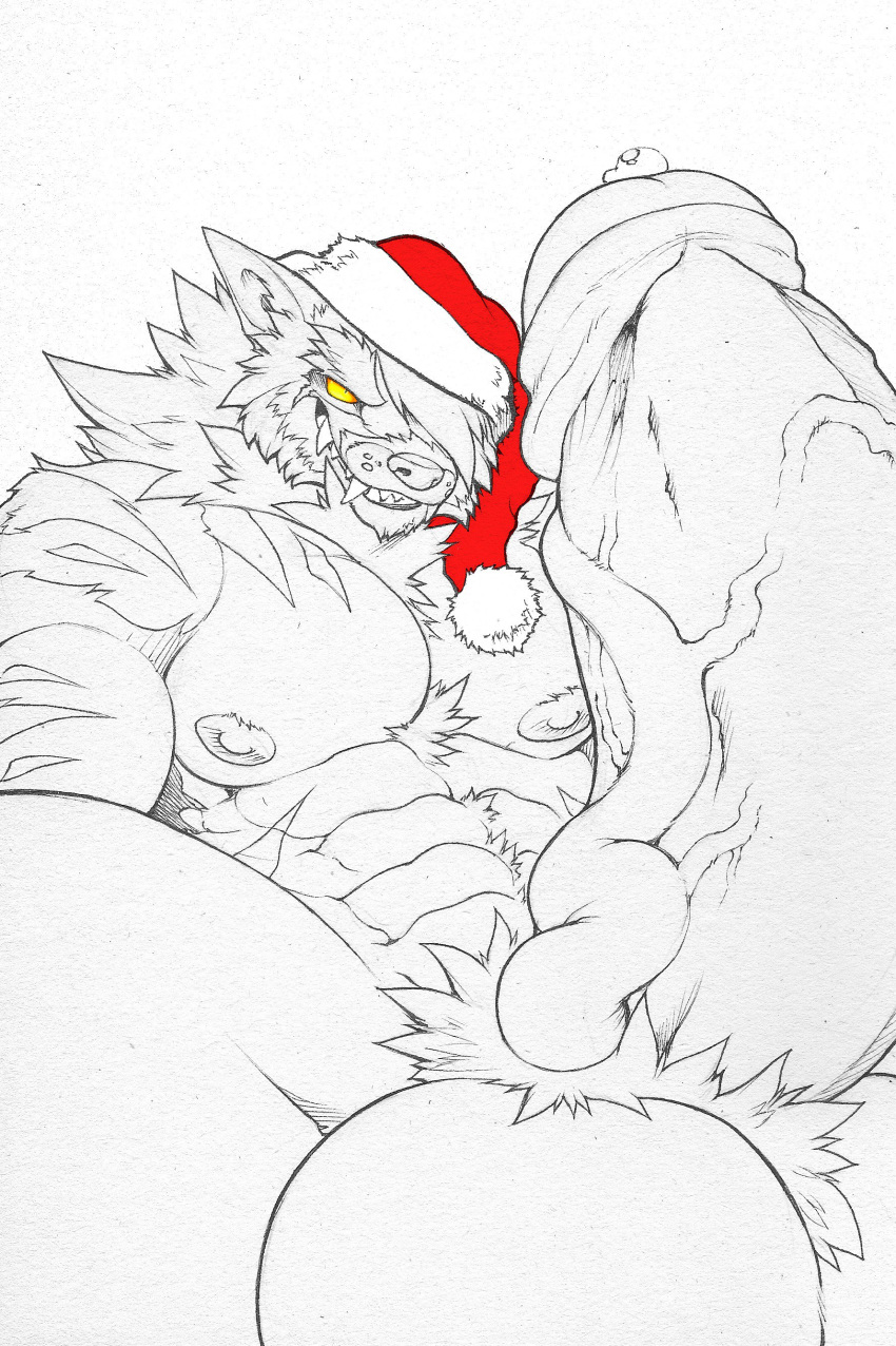 abs absurd_res balls bodily_fluids canid canine canis christmas clothing foreskin genital_fluids hat headgear headwear hi_res holidays male male_only mammal nipples penis precum pubes santa_hat solo uncut utx-shapeshifter vein veiny_penis were werecanid werecanine werewolf wolf