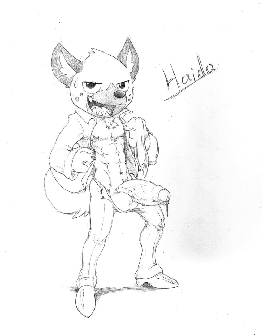 abs absurd_res aggressive_retsuko anthro balls black_and_white bodily_fluids clothing foreskin genital_fluids haida half-erect hi_res male male_only monochrome nipples penis precum sanrio smooth_fur solo uncut undressing utx-shapeshifter