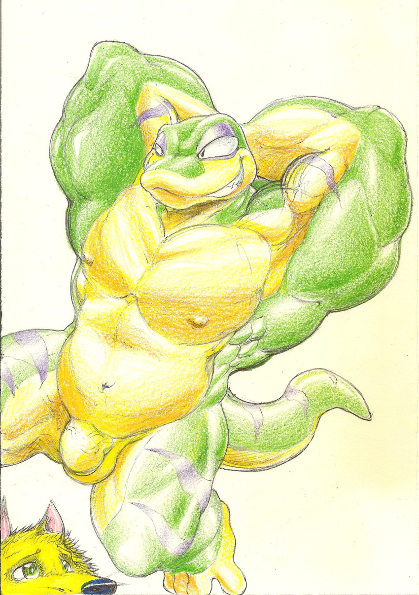 abs absurd_res balls barazoku canid canine duo gecko gex_(series) gex_the_gecko hi_res humanoid_penis lizard male male_only mammal muscular nipples nude penis reptile scalie utx-shapeshifter video_games