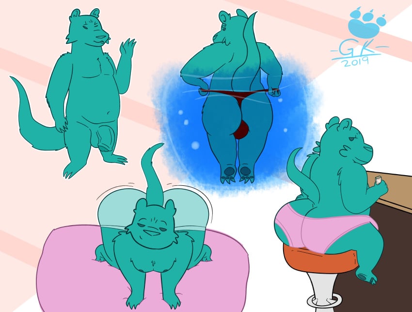 2019 absurd_res anthro ass balls blue_body blue_fur bunnybara clothing flaccid fur hi_res humanoid_hands lutrine male male_only mammal mustelid nipples penis sitting slightly_chubby solo underwear water