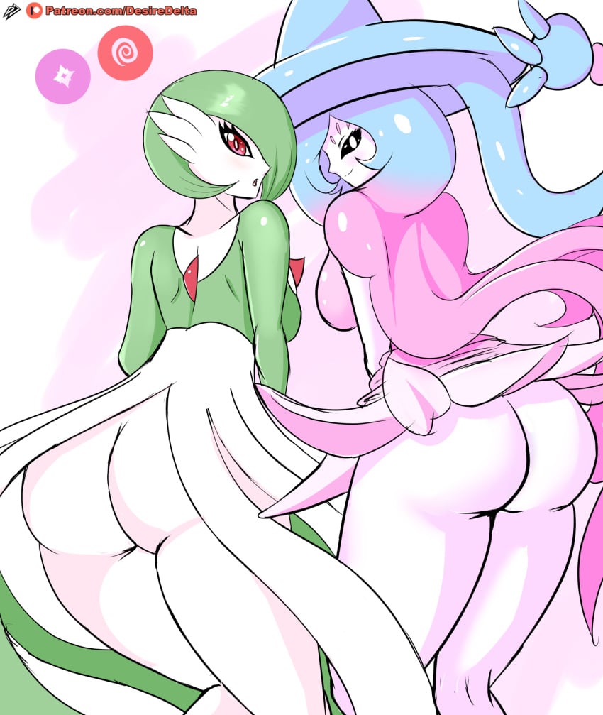 2019 2girls anthro anthrofied ass breasts clothing desiredelta duo eye_contact fairy female gardevoir hair hat hatterene headgear headwear humanoid long_hair looking_at_viewer looking_back nintendo patreon pokémon_(species) pokemon pokemon_(species) pokemon_rse pokemon_ss pose presenting presenting_hindquarters rear_view red_eyes take_your_pick text thick_thighs thigh_gap url video_games watermark wide_hips