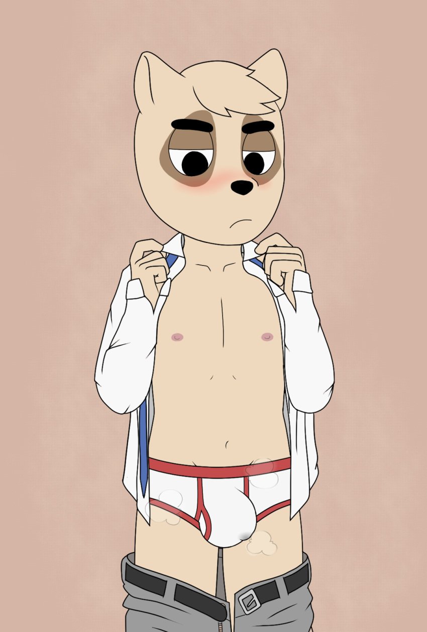 2019 aggressive_retsuko anai_(aggretsuko) anthro badger blush bodily_fluids bulge clothing genital_fluids half-closed_eyes hi_res japanese_badger looking_down male male_only mammal meles mezzanine_(artist) mustelid musteline nipples precum precum_through_clothing precum_through_underwear sanrio smooth_fur solo standing sweat underwear undressing wet wet_clothing