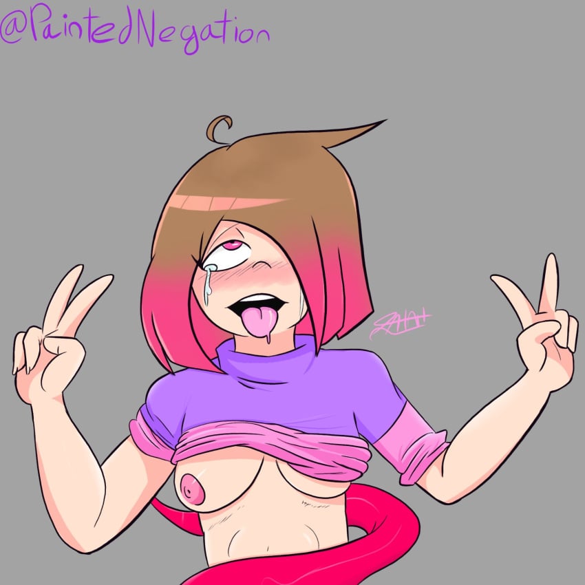 ahe_gao akumu_(glitchtale) bete_noire blush brown_hair crying_with_eyes_open digital_media_(artwork) double_v glitchtale not_paint pink_eyes pink_hair shirt_lift short_hair small_breasts tagme tongue_out undertale undertale_fanfiction v