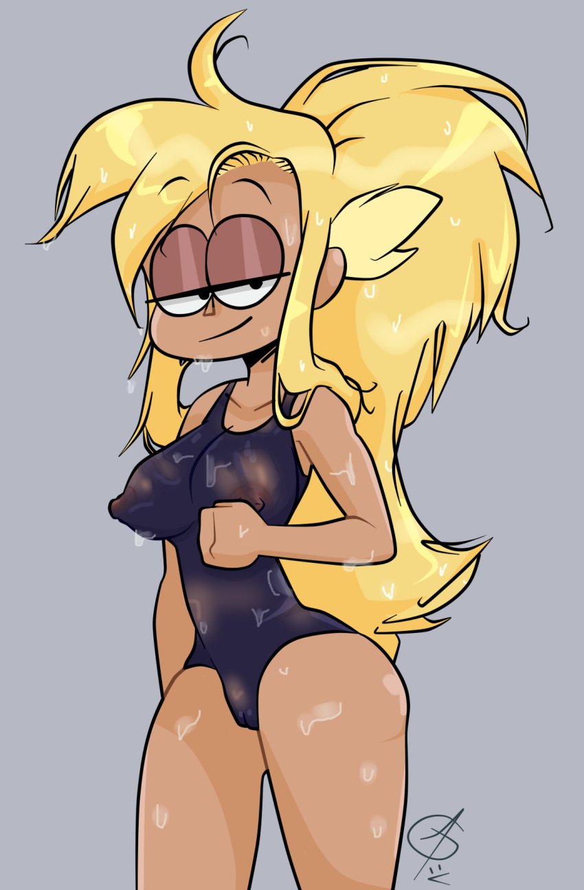 1girls blonde_hair breasts carol_(ok_k.o.!_let's_be_heroes) carol_kincaid cartoon_network curvy dark-skinned_female female female_only hair half-closed_eyes ican-t-get-no-satisfaction leotard long_hair nipples ok_k.o.!_let's_be_heroes pussy signature silver_spark_(ok_k.o.!_let's_be_heroes) simple_background solo swimsuit thick thick_legs thick_thighs voluptuous wet_clothes wet_hair