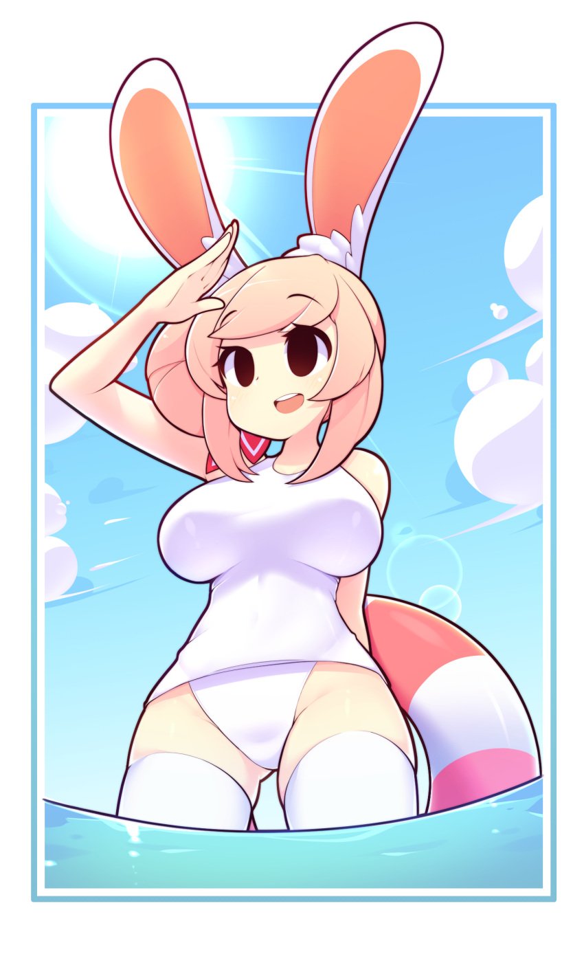 adorable beach black_eyes breasts bunny_ears bunny_girl curvy fiz fizintine hair_bun large_breasts looking_up original smile thick thick_thighs voluptuous white_panties white_shirt