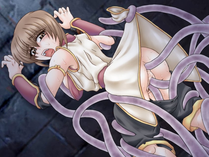 blush brown_hair censored champion_(ragnarok_online) choir_(artist) highres monk monk_(ragnarok_online) panties pants_pull panty_pull ragnarok_online rape tentacle tentacle_on_female tentacle_rape underwear vaginal_penetration