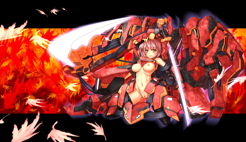 blush breasts censored katana leaf mecha_musume nipples original pink_hair pubic_hair pussy short_hair sword tro wallpaper weapon