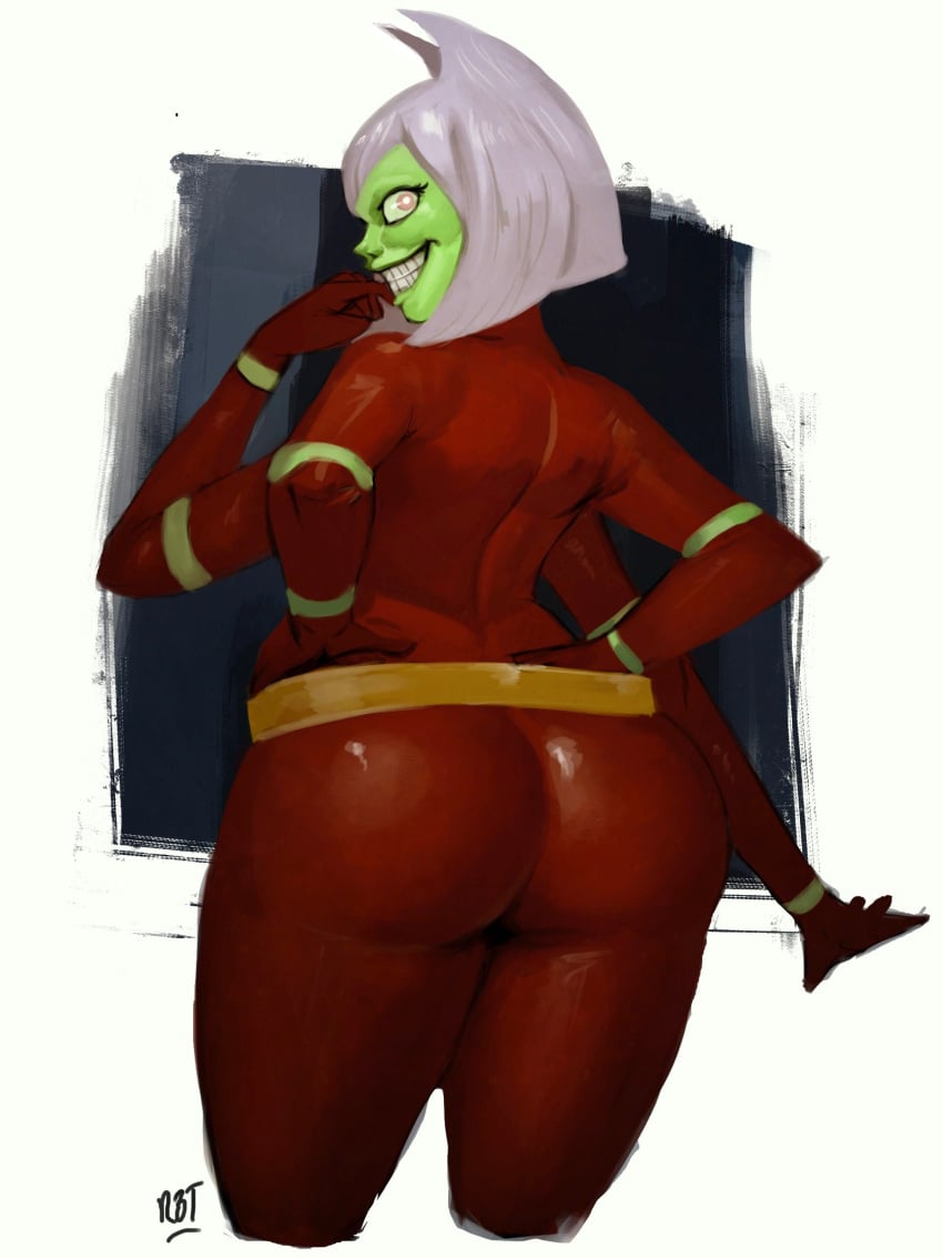 ass belt big_ass bodysuit butt_witch green_skin looking_back multi_arm multi_limb pink_eyes redblacktac twelve_forever white_hair