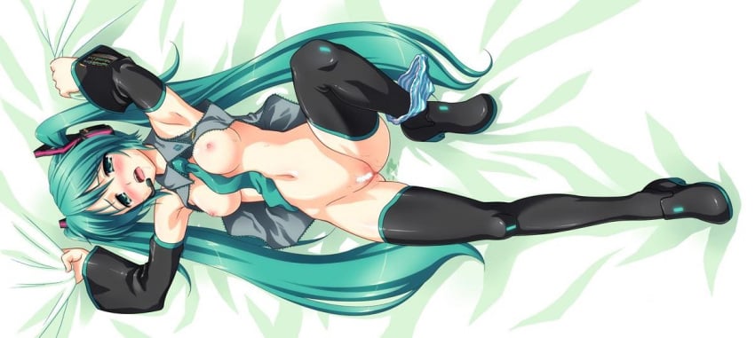 1girls bed bed_sheet between_breasts blush bottomless breasts censored color dakimakura detached_sleeves female green_eyes green_hair hatsune_miku jpeg_artifacts long_hair microphone navel necktie necktie_between_breasts nipples panties panties_around_one_leg panty_pull sheet_grab sheets solo striped thighhighs tied_hair twintails underwear vocaloid xiaojing