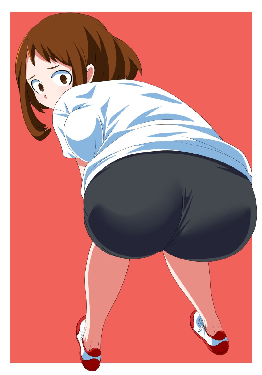 1girls ass big_ass big_breasts black_shorts bloomers breasts brown_eyes brown_hair buruma chelsea_cola eye_contact female gym_uniform looking_at_viewer looking_back medium_hair my_hero_academia ochako_uraraka shorts solo