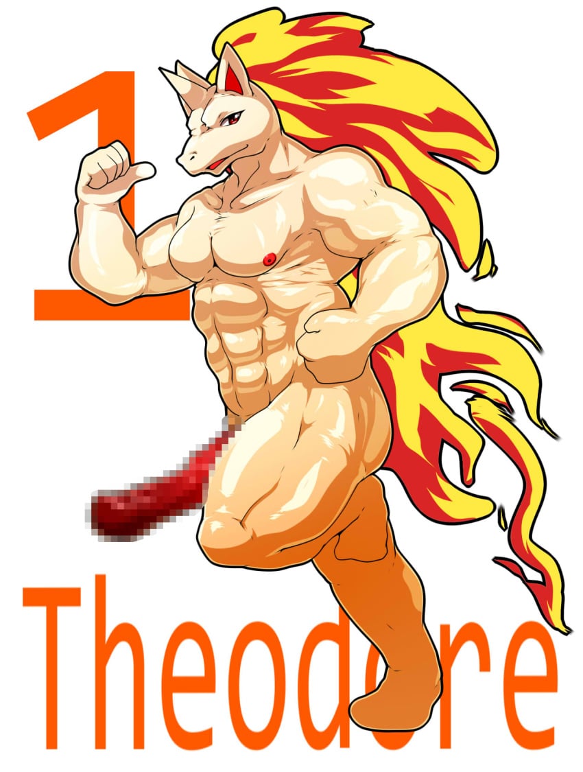 1boy 2019 abs animal_genitalia animal_penis anthro censored equine equine_penis fire furry geiru_mirua hi_res horn horsecock huge_penis male male_only male_rapidash mammal muscular muscular_male nintendo nude original_character penis pokémon_(species) pokemon pokemon_rgby rapidash smile solo solo_male text thick_thighs video_games