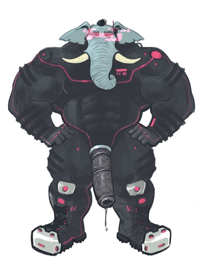 2019 abs accessory akimbo alpha_(symbol) animal_genitalia animal_penis anthro barazoku biceps black_hair bodily_fluids boots clothed clothing cock_ring dramamine elephant elephant_penis elephantid footwear fully_clothed genital_fluids hair hi_res jewelry looking_at_viewer male male_only mammal medial_ring muscular muscular_male nipples pecs penis penis_accessory penis_jewelry precum proboscidean simple_background solo standing translucent trunk tusks white_background