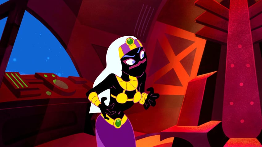 accurate_art_style animated areolae belt big_breasts black_skin breast_expansion breasts cartoon_network clothed clothes clothing collar duck_dodgers edit eyebrows female headband holding_breasts indoors inside looney_tunes martian martian_(duck_dodgers) navel nipples purple_eyes queen_tyr'ahnee screenshot screenshot_edit see-through_clothing skirt topless warner_brothers white_hair yetig