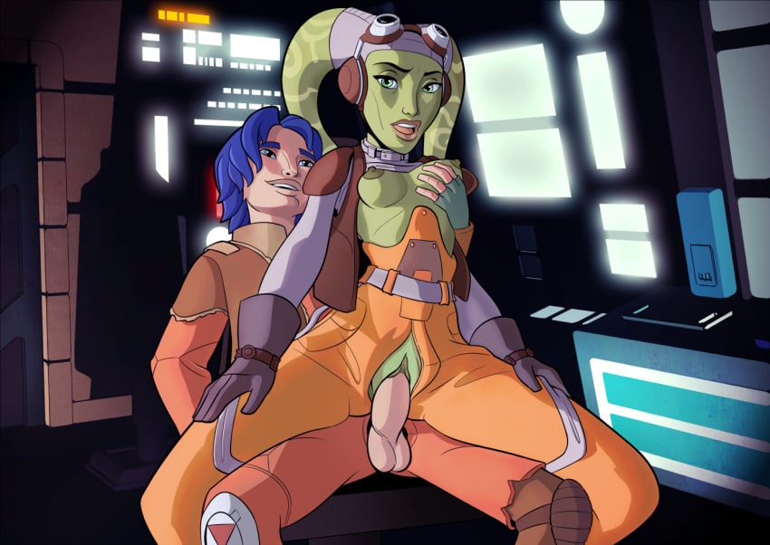 1boy 1girls alien areolae blue_hair breasts breasts_out clitoris crotchless ezra_bridger female female_on_top green_eyes green_skin hera_syndulla human interspecies jedi jumpsuit labia lekku male medium_breasts mistermultiverse nipples older_female penis pilot reverse_cowgirl_position short_hair star_wars star_wars_rebels thick_lips twi'lek wide_hips younger_male