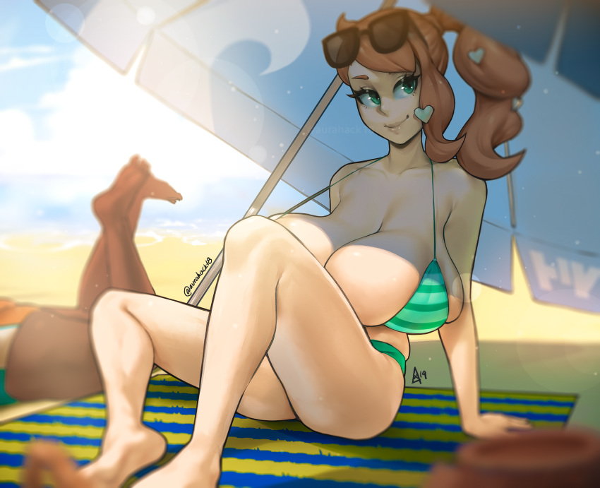 2girls alternate_breast_size armpits ass aurahack beach beach_towel beach_umbrella bikini breasts cleavage dark_skin female female_only huge_breasts human human_only hyper hyper_breasts long_breasts looking_at_viewer nessa_(pokemon) nintendo pokemon pokemon_ss sagging_breasts solo_focus sonia_(pokemon) text thick_thighs watermark wide_hips