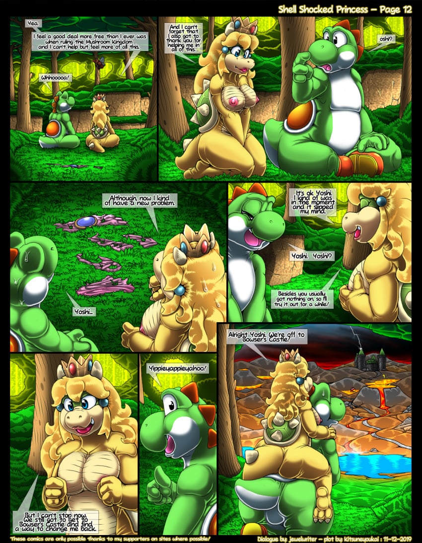 2019 anthro areola balls blonde_hair blue_eyes bodily_fluids breasts closed_eyes clothing comic crown duo english_text fangs female green_body green_yoshi hair hi_res horn kitsune_youkai koopa male mario_(series) multicolored_body nintendo nipples nude open_mouth page_12 princess_koopa princess_peach scalie speech_bubble super_mario_bros. super_mario_world sweat sweatdrop teeth text tongue torn_clothing two_tone_body video_games white_body yellow_body yoshi