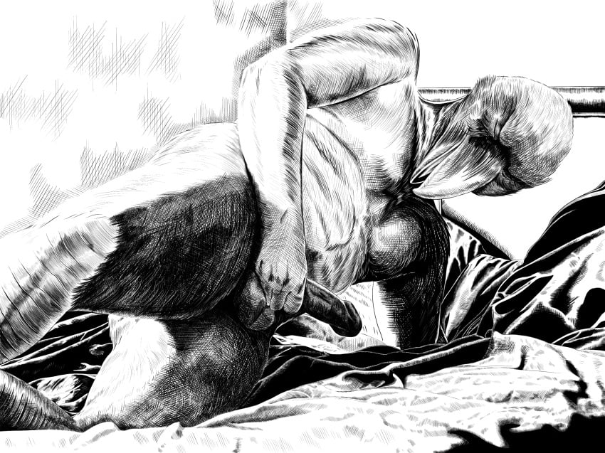 2019 anthro balls bedroom closed_eyes digital_media_(artwork) erection hi_res humanoid inside lying male male_only masturbation monochrome nude on_side penis pinup pose shaded sinful_ink_(artist) solo