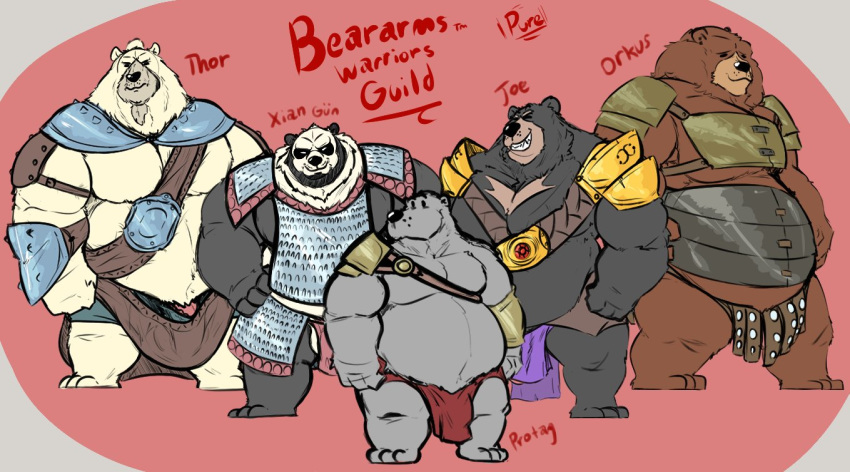 2019 anthro barely_visible_genitalia barely_visible_penis belly black_body black_fur brown_body brown_fur clothing english_text fur giant_panda group humanoid_hands loincloth male male_only mammal moobs overweight overweight_male penis polar_bear pure_command text ursid ursine white_body white_fur