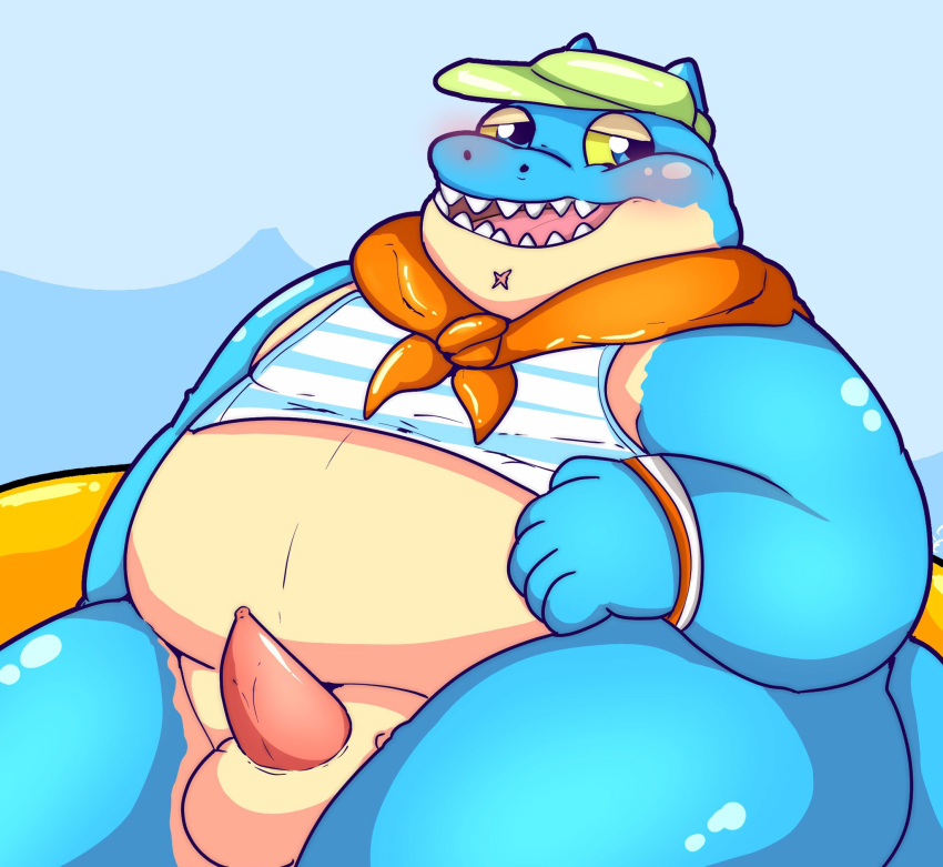 balls belly blue_body blue_scales blush bottomless clothed clothing crocodile crocodilian crocodylid erection fupa hi_res kusosensei makara male male_only overweight penis reptile scales scalie tokyo_afterschool_summoners video_games visor_cap