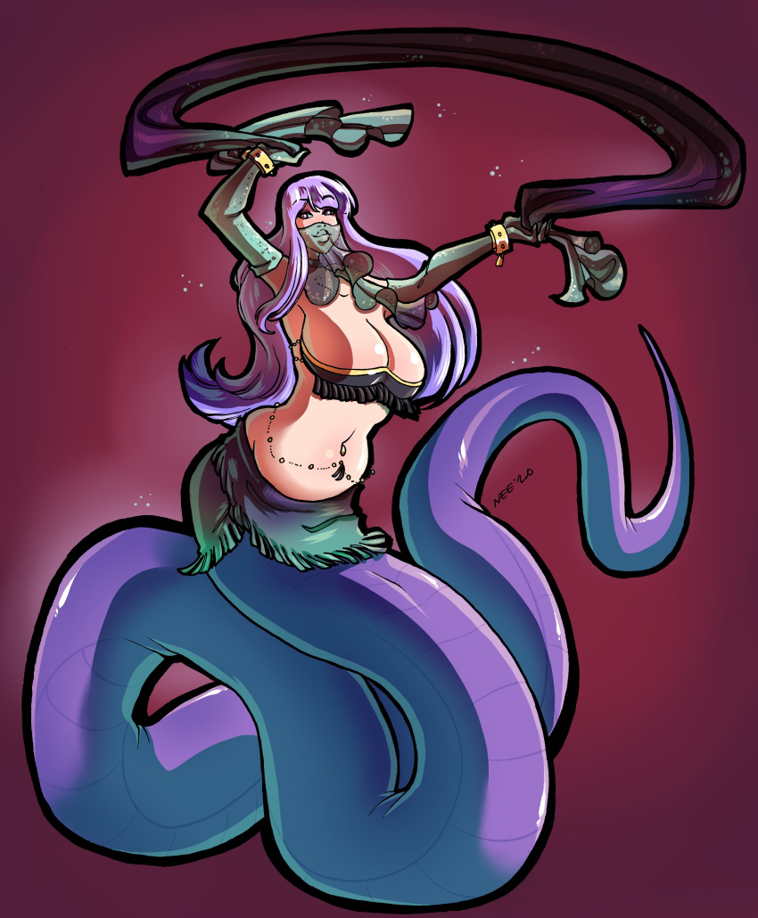 armwear belly_dancer belly_piercing big_breasts cleavage colored_background eyebrows_visible_through_hair female female_only lamia long_hair monster_girl neo-edo-exican pink_eyes purple_hair purple_tail skirt snake snake_girl solo solo_female veil very_high_resolution wristband