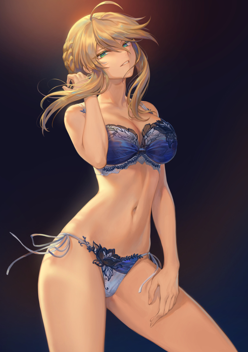 1girls ahoge artoria_pendragon artoria_pendragon_(lancer) bangs bare_shoulders blonde_hair blue_bra blue_eyes blue_lingerie blue_panties bra braid breasts cleavage collarbone fate/grand_order fate_(series) female_only french_braid gradient gradient_background green_eyes hair_between_eyes heterochromia highres large_breasts lingerie long_hair looking_at_viewer mashu_003 navel panties parted_lips sidelocks smile solo swept_bangs thighs thong underwear